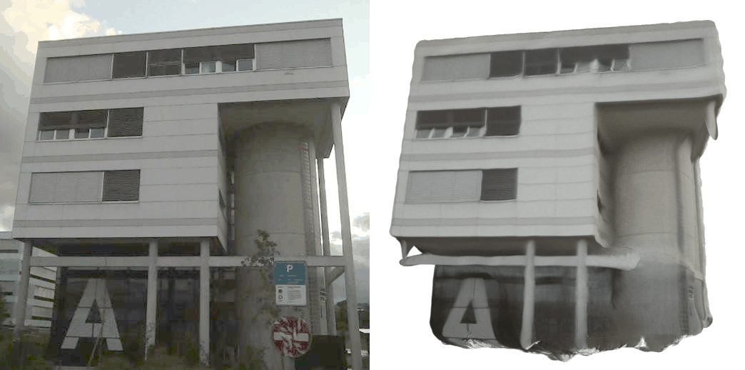 Reference view vs FORGE-SIM reconstruction of a real building